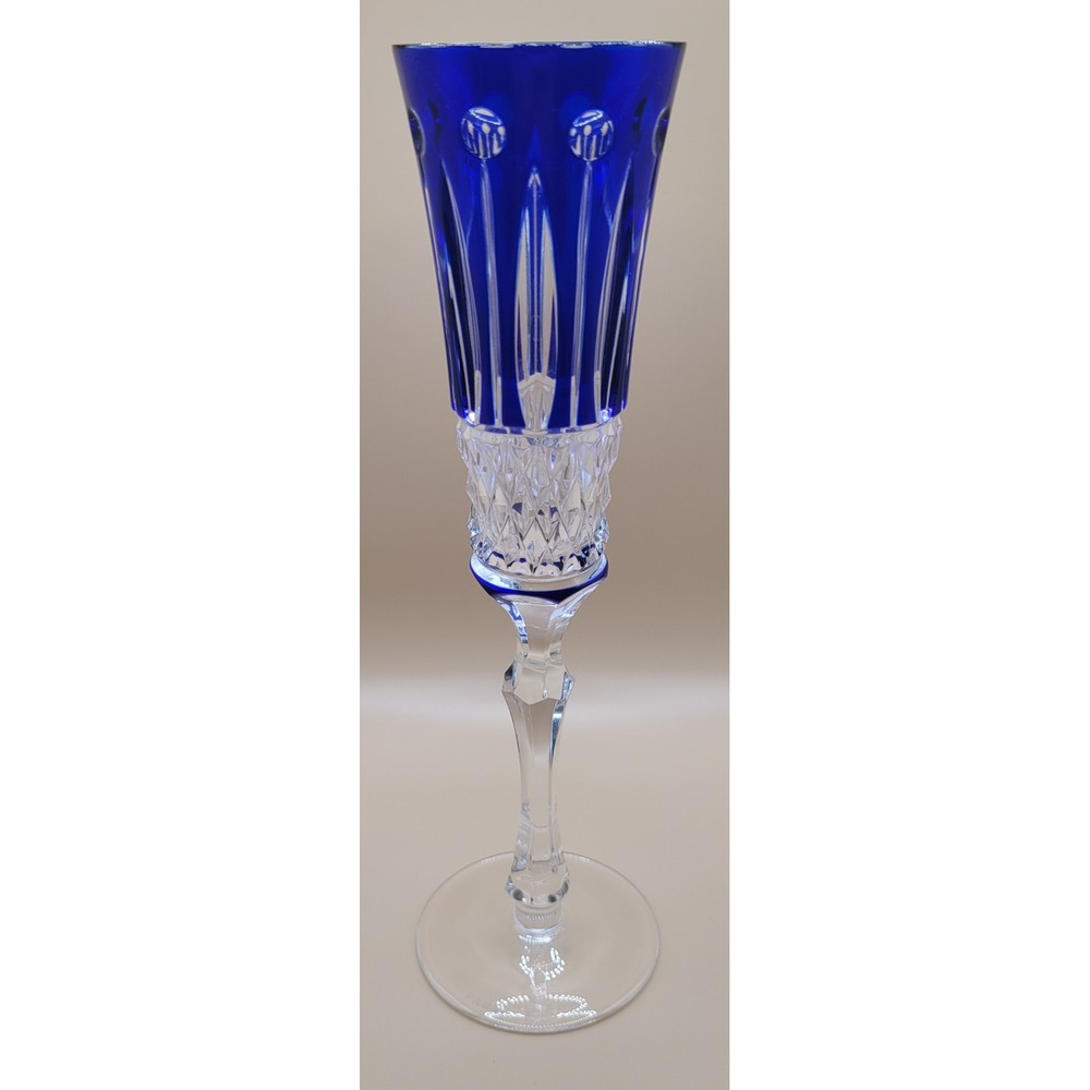 Faberge Xenia Cobalt Blue Cut to Clear Crystal Champagne Flute Signed Glass